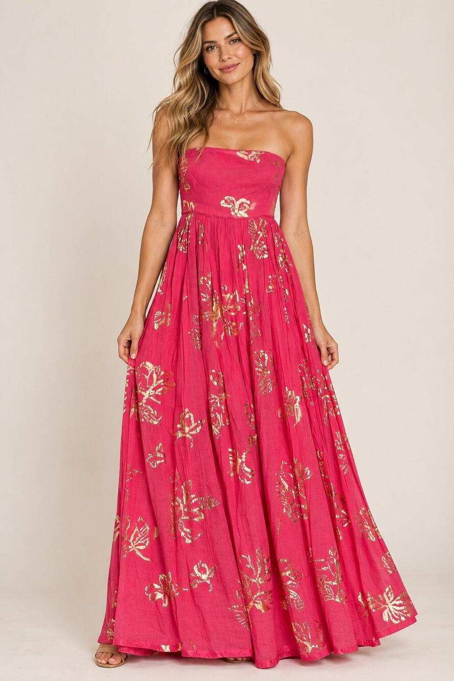 Free People Maxi Dress M Pink Gold Metallic Strapless Tie Back Boho Resort NEW